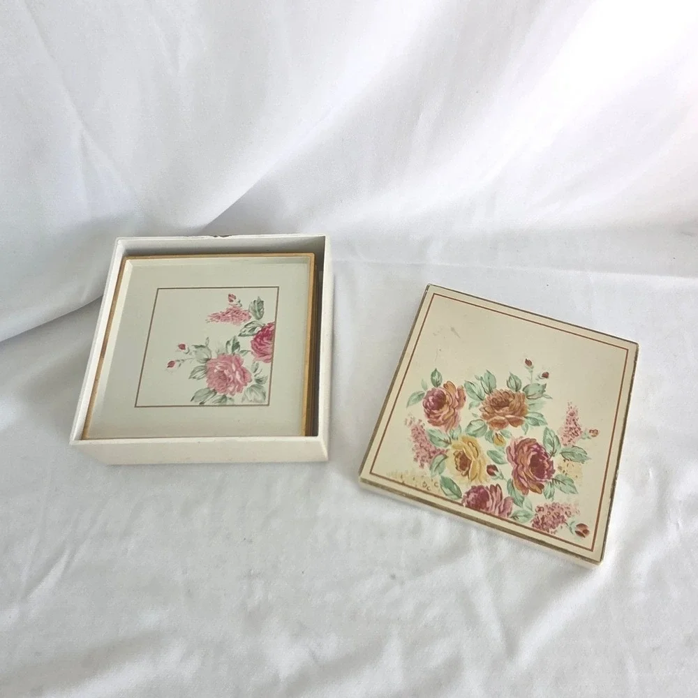 Vintage Otagiri Japan English Rose Coaster Set with Storage Box Floral 5 Piece